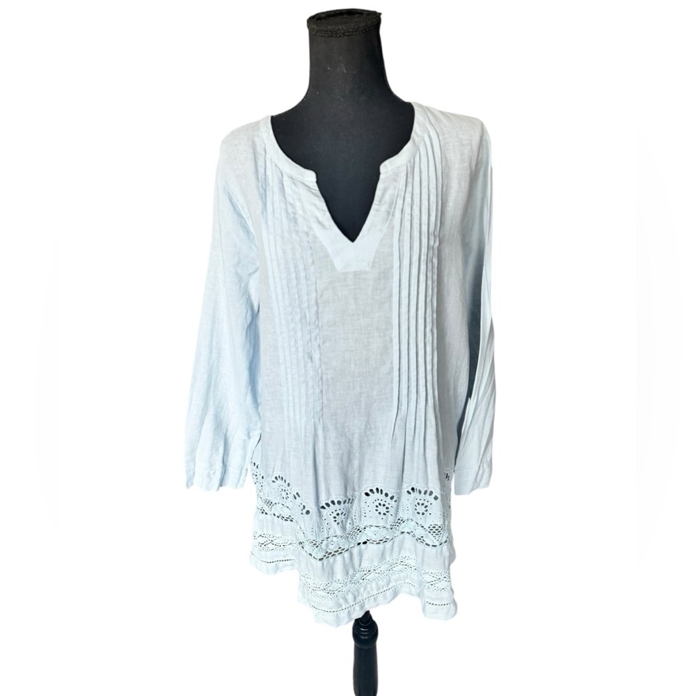 Sundance 100% Linen Pintuck Blue Tunic Top Eyelet Lace Boho Cottagecore M T21